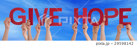 Hands Holding Red Straight Word Give Hope Blue Sky Hands Holding Red Straight Word Give Hope Blue Sky 29598142