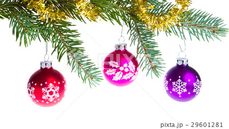 christmas balls on spruce branch 29601281