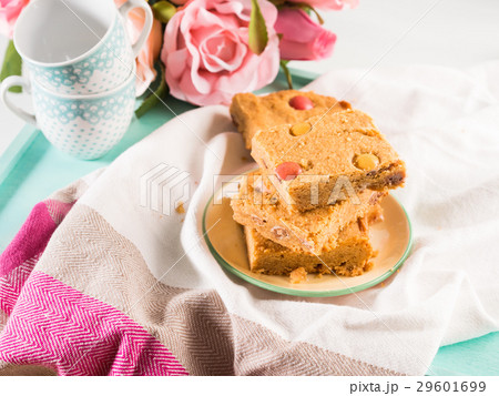 Festive breakfast peanut butter brownies on pastel Festive breakfast peanut butter brownies on pastel 29601699