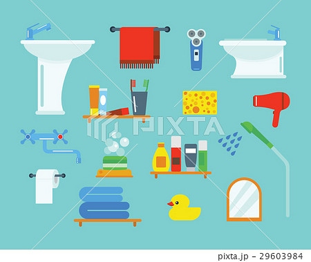 Bath equipment icons shower flat style colorful 29603984