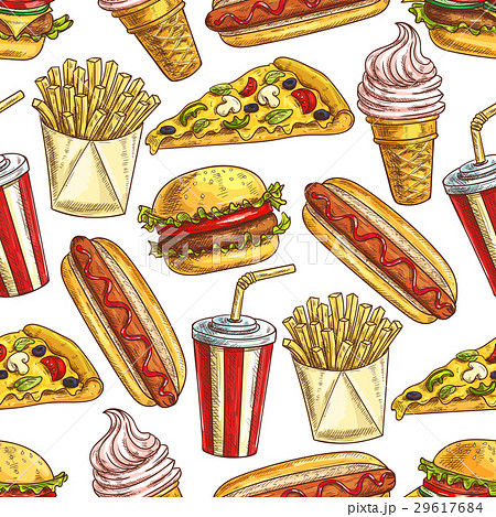 Fast Food Meal Snacks And Dessert Seamless Patternのイラスト素材
