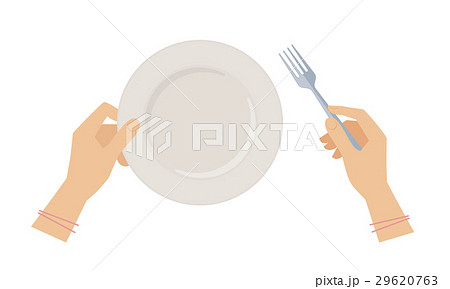 Female hands with steel fork, empty ceramic plate. Female hands with steel fork, empty ceramic plate. 29620763