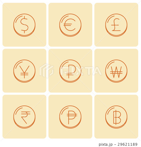 World currency symbols at coins. Vector icon set. World currency symbols at coins. Vector icon set. 29621189