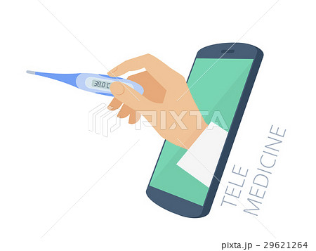 Doctor's hand holding thermometer through a phone Doctor's hand holding thermometer through a phone 29621264