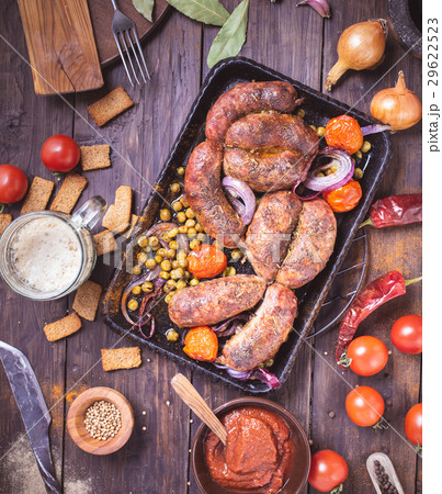 Homemade beef sausages on table 29622523