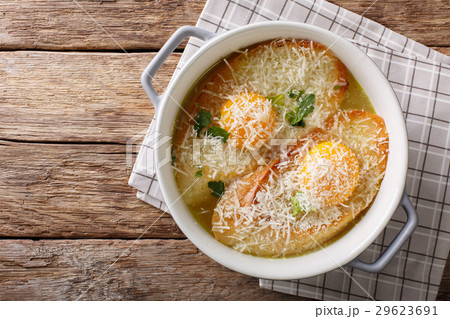 Italian baked bread soup alla Pawese close-up 29623691