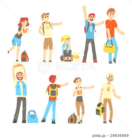 Hitchhiker standing with backpack and bag, set for Hitchhiker standing with backpack and bag, set for 29636809