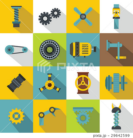 Techno mechanisms kit icons set, flat style 29642599