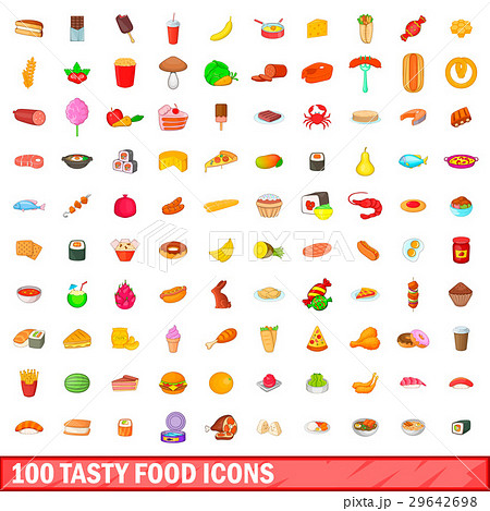 100 tasty food icons set, cartoon style 29642698