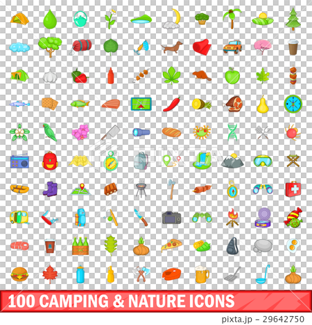 100 camping and nature icons set, cartoon style - Stock Illustration ...