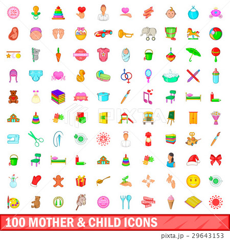 100 mother and child icons set, cartoon style 29643153