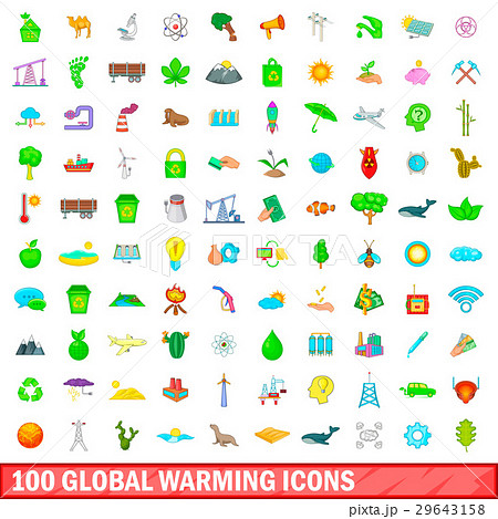 100 global warming icons set, cartoon style 29643158