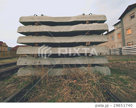 Sleepers stock in railway depot. New concrete ties 29651740