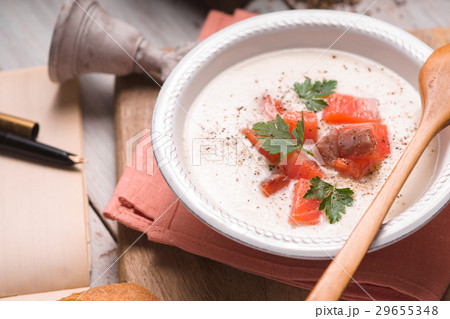 Vichyssoise soup in the ceramic plate horizontal 29655348