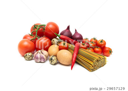 Eggs, vegetables and pasta on a white background. 29657129