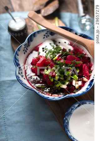 Traditional Russian borsch with sour cream  29657279
