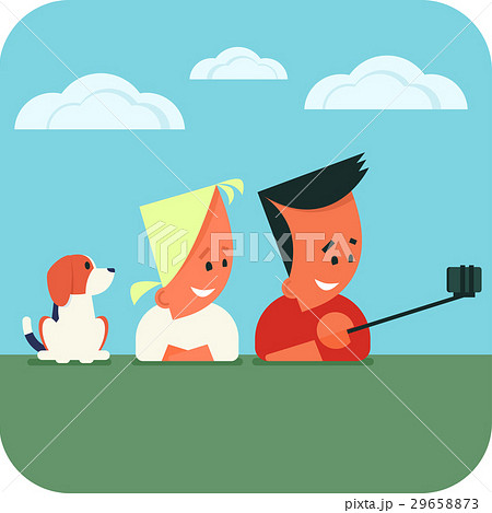 Young couple with dog taking selfie. 29658873