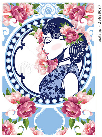 Vector Blue and White Chinese Lady in Retro Style 29659037