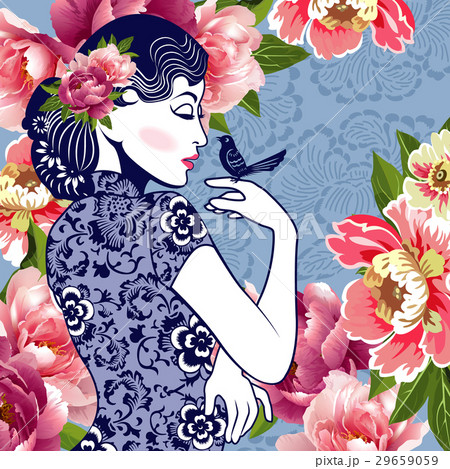 Vector Blue and White Chinese Lady in Retro Style Vector Blue and White Chinese Lady in Retro Style 29659059
