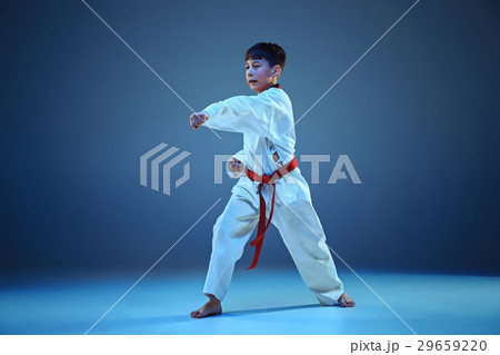 Young boy training karate on blue background 29659220