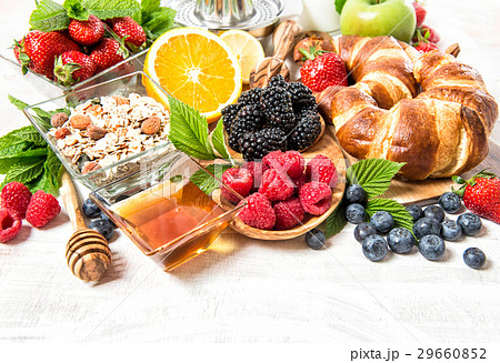 Breakfast with croissants, muesli, fresh berries.  29660852