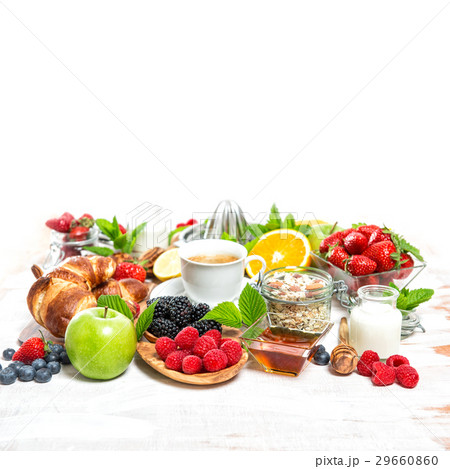 Breakfast coffee, croissants, muesli, berries. Breakfast coffee, croissants, muesli, berries. 29660860