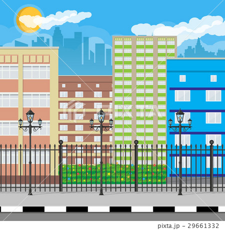 Modern city view. Cityscape with fence and lamp Modern city view. Cityscape with fence and lamp 29661332
