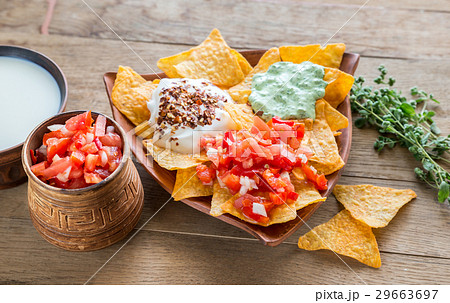 Cheese nachos with different types of sauce Cheese nachos with different types of sauce 29663697