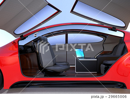 ドアが開いて 前列シートが後ろに回転した状態の自動運転車のインテリアイメージ のイラスト素材