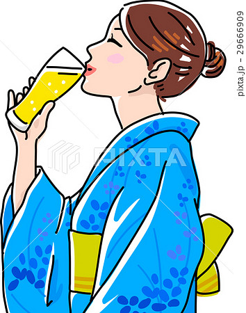 ビールを飲む浴衣の女性のイラスト素材