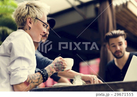 People Talk Work Laptop Present Cafe 29671555