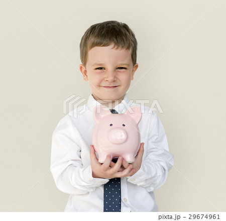 Kid Studio Shoot Gesture Piggybank Holding Kid Studio Shoot Gesture Piggybank Holding 29674961
