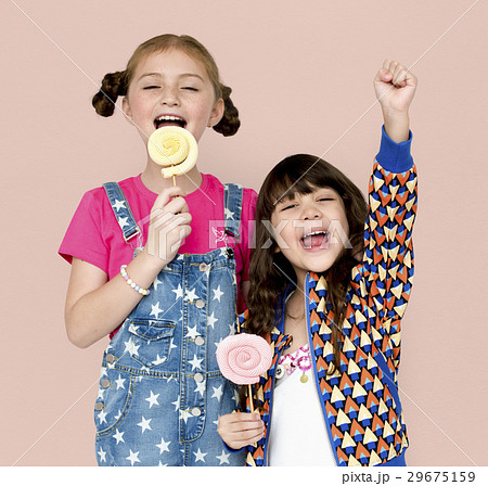 Children Smiling Happiness Studio Portrait Sweet Lollipop 29675159