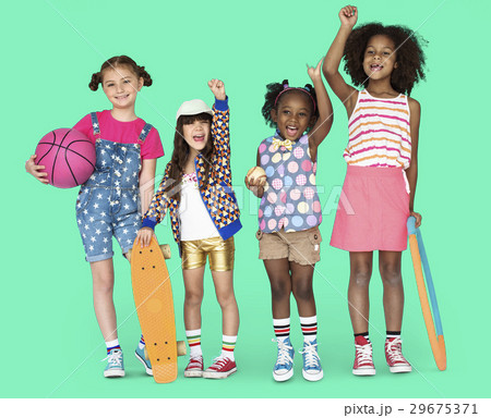 Children Girlfriends Smiling Happiness Friendship Togetherness Studio Portrait Children Girlfriends Smiling Happiness Friendship Togetherness Studio Portrait 29675371