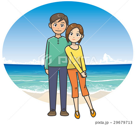 ビーチに遊びに来た仲良しカップルのイメージイラストのイラスト素材