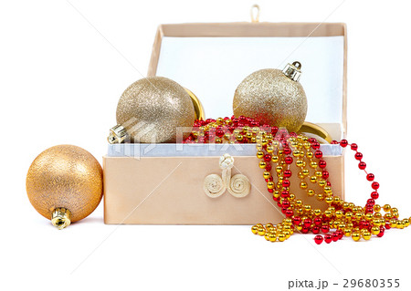 Christmas balls and ribbon with a box. Christmas balls and ribbon with a box. 29680355