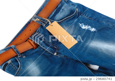 Jeans with a brown belt on white background 29680741