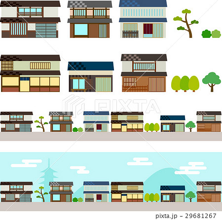 京都 古都の街並みと家屋のイラスト素材