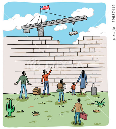 many people  refugees on a border wall 29687416