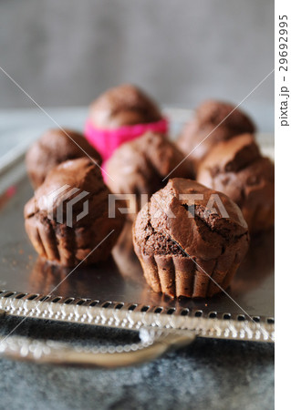Chocolate muffins on vintage tray Chocolate muffins on vintage tray 29692995
