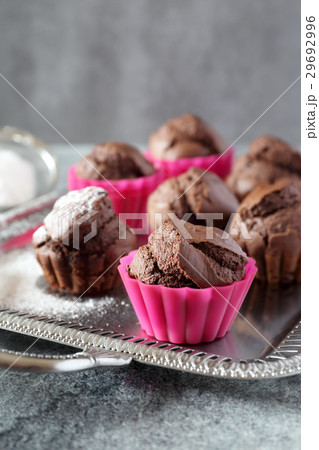 Chocolate muffins on vintage tray Chocolate muffins on vintage tray 29692996