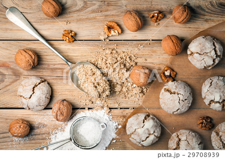 Cracked nut cookies on Wood Background Cracked nut cookies on Wood Background 29708939