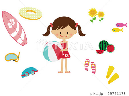 笑顔の女の子と夏 海のアイテムのイラスト素材