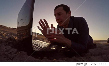 video call. woman and man talking on web camera in 29738388