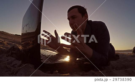 video call. woman and man talking on web camera in 29738390