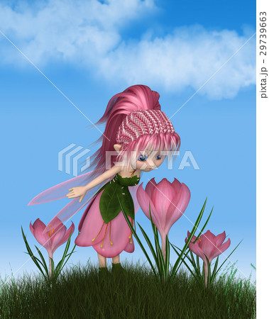 Cute Toon Pink Crocus Fairy on a Sunny Spring Day 29739663