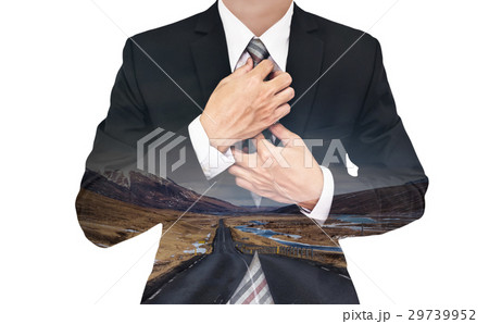 Double exposure businessman with country road 29739952