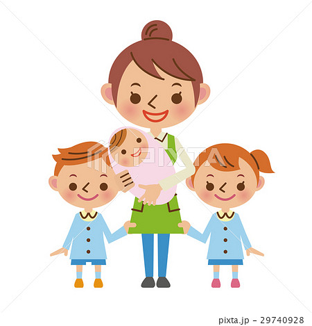 赤ちゃんを抱っこする保育士と子供たちのイラスト素材