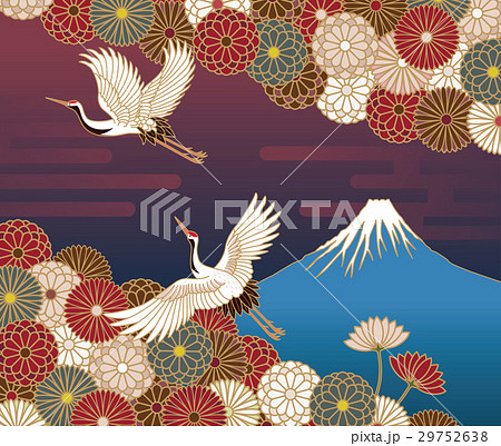 富士山 鶴と菊の花の伝統的和風模様のイラスト素材