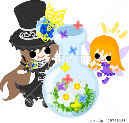 黒いシルクハットの少女と可愛い妖精と花の瓶のイラスト素材